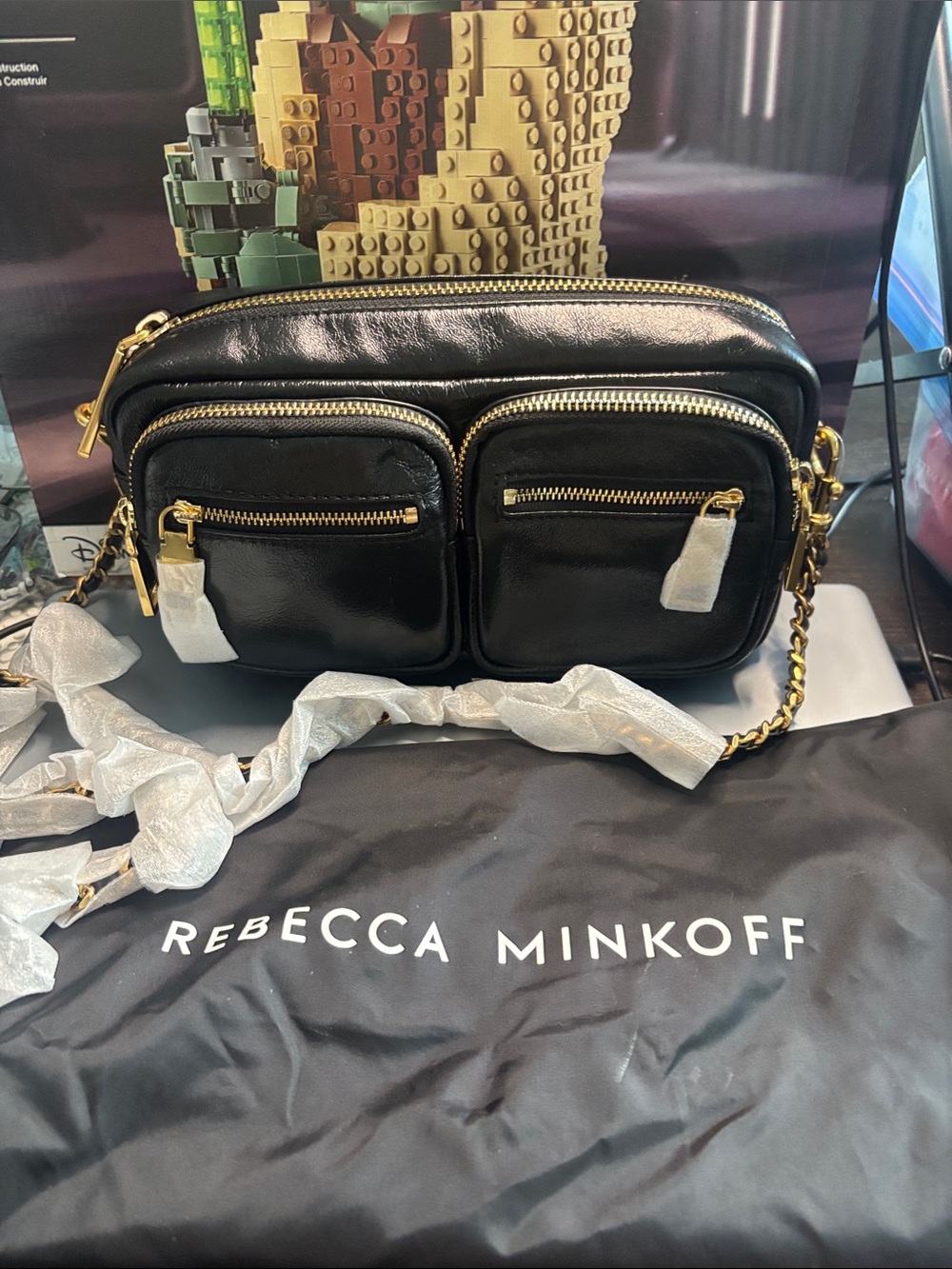 Rebecca Minkoff Black Leather Crossbody Bag with Gold Hardware